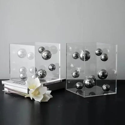 Modern Geometric Metal Ball Art Ornament with Transparent Acrylic Box Decor