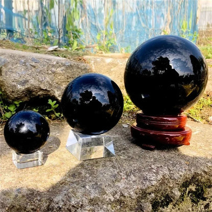 Natural Black Tourmaline Quartz Sphere – Reiki Healing Chakra Crystal Ball Decor
