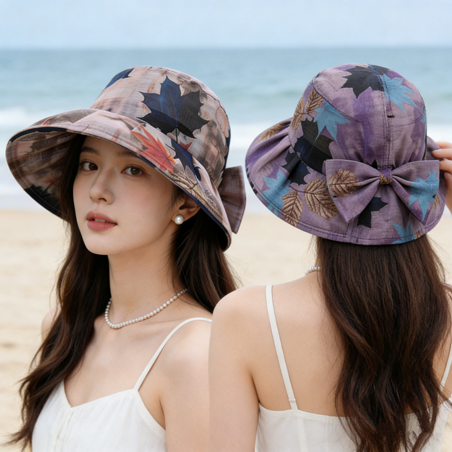 Maple Leaf Wide Brim Sun Hat Foldable UV Protection Bucket Hat for Travel & Beach Days