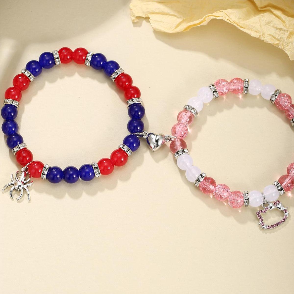Magnetic Heart Couple Bracelets with Spider & Cat Pendants Trendy Jewelry