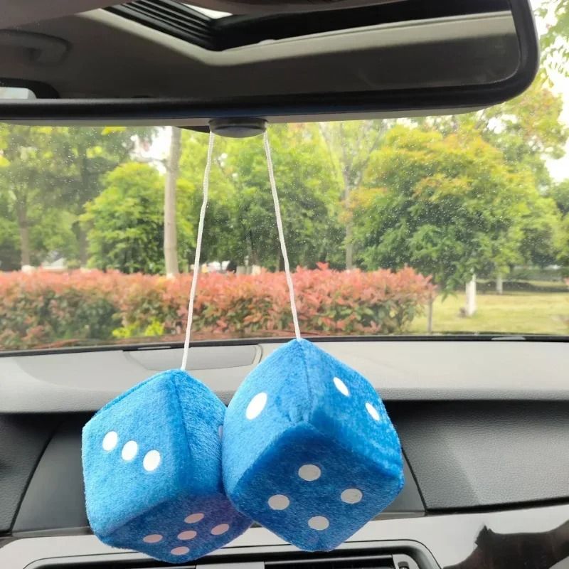 Retro Plush Fuzzy Dice Hanging Car Mirror Decor