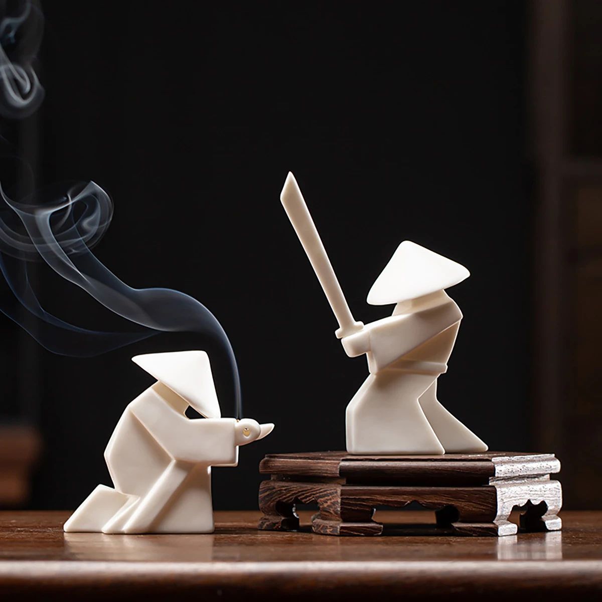White Ceramic Samurai Figurine – Oriental Blanc De Chine Geometric Warrior Sculpture for Home & Office Decor