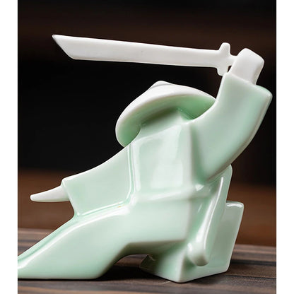 White Ceramic Samurai Figurine – Oriental Blanc De Chine Geometric Warrior Sculpture for Home & Office Decor