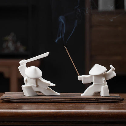 White Ceramic Samurai Figurine – Oriental Blanc De Chine Geometric Warrior Sculpture for Home & Office Decor