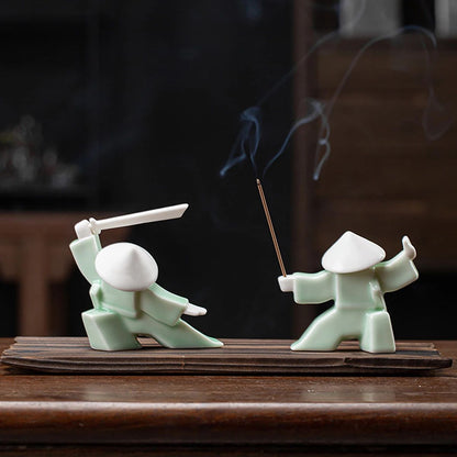 White Ceramic Samurai Figurine – Oriental Blanc De Chine Geometric Warrior Sculpture for Home & Office Decor