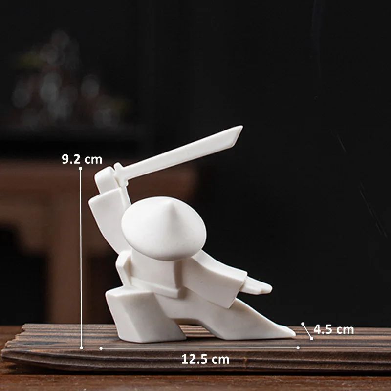 White Ceramic Samurai Figurine – Oriental Blanc De Chine Geometric Warrior Sculpture for Home & Office Decor