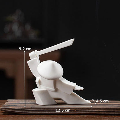 White Ceramic Samurai Figurine – Oriental Blanc De Chine Geometric Warrior Sculpture for Home & Office Decor