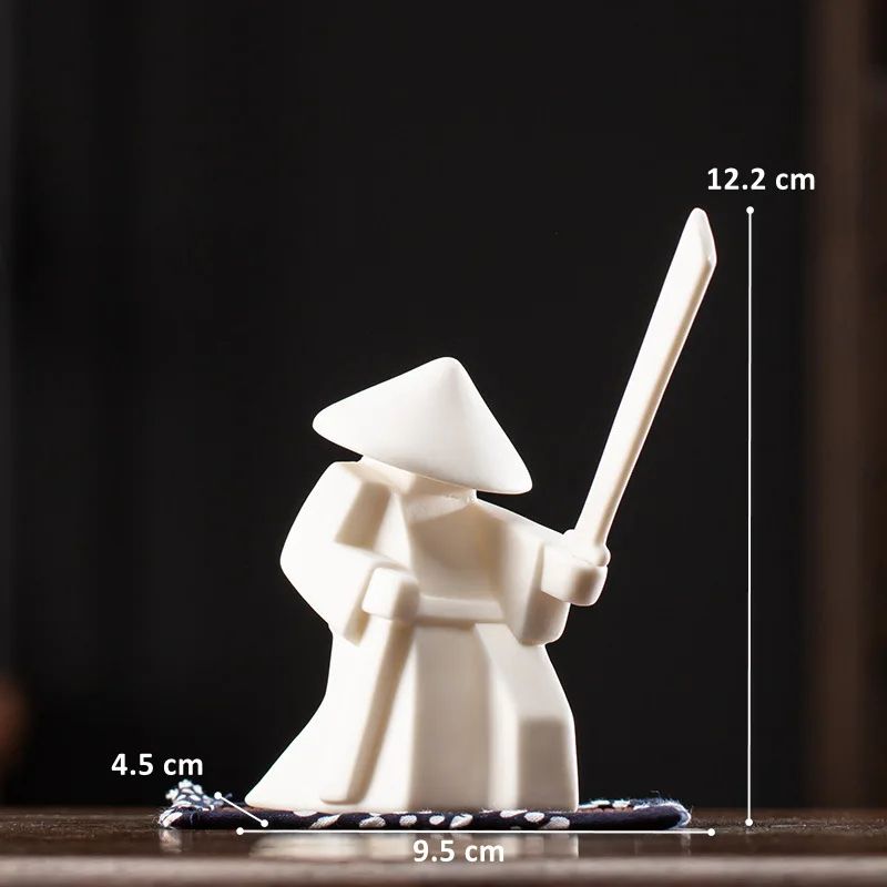 White Ceramic Samurai Figurine – Oriental Blanc De Chine Geometric Warrior Sculpture for Home & Office Decor