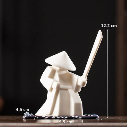 White Ceramic Samurai Figurine – Oriental Blanc De Chine Geometric Warrior Sculpture for Home & Office Decor