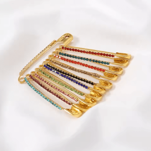 Gold Rhinestone Safety Pin Brooch Clips for Sweaters Shawls & Hats