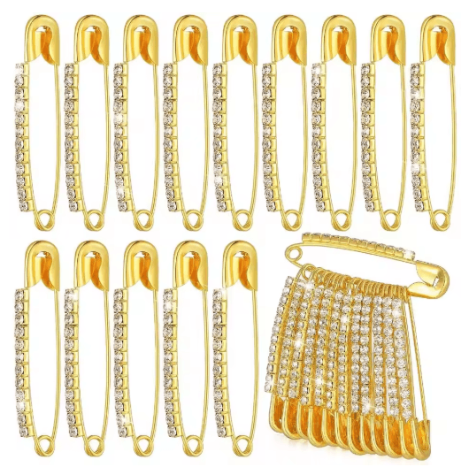 Gold Rhinestone Safety Pin Brooch Clips for Sweaters Shawls & Hats