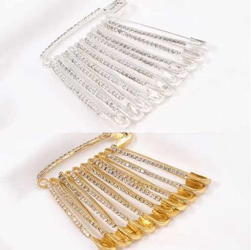 Gold Rhinestone Safety Pin Brooch Clips for Sweaters Shawls & Hats