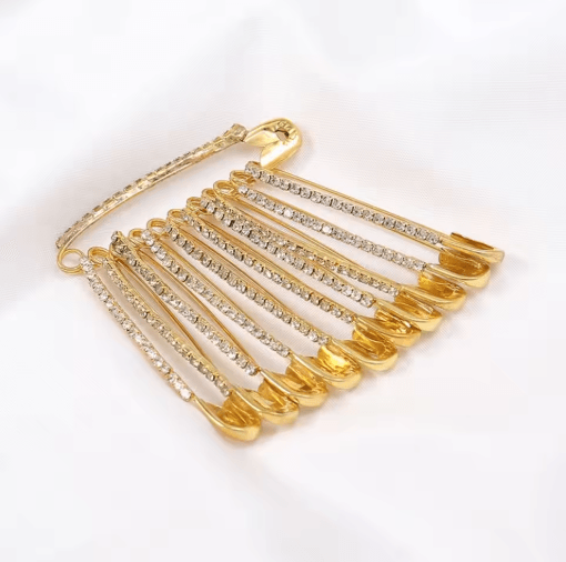 Gold Rhinestone Safety Pin Brooch Clips for Sweaters Shawls & Hats