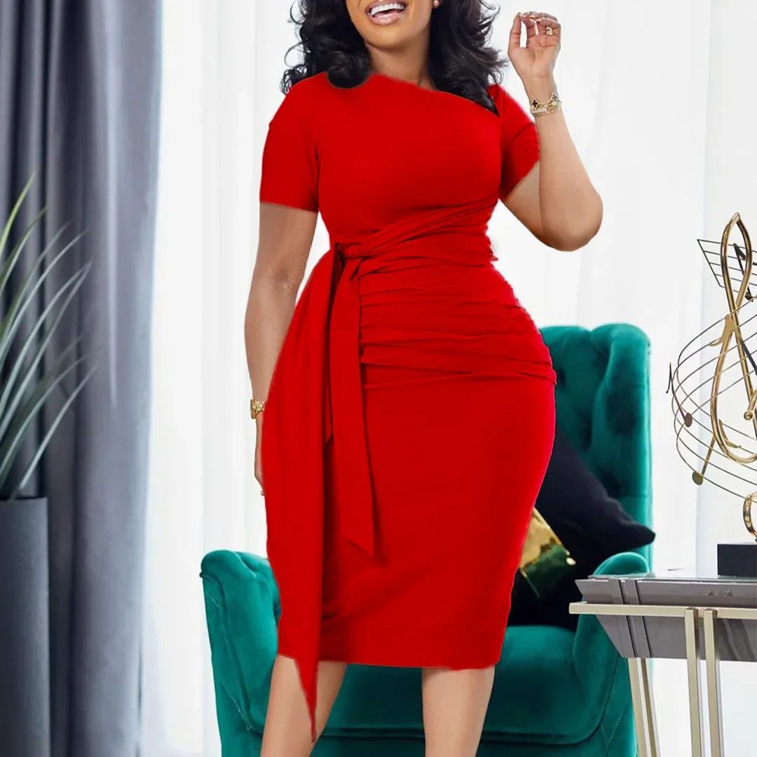 Womens Elegant Pencil Midi Dress, Short Sleeve Cocktail Party Dress with Belt