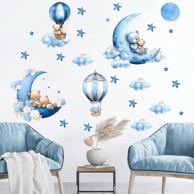 Watercolor Bear Hot Air Balloon Wall Stickers for Baby Nursery and Kids Room Decor