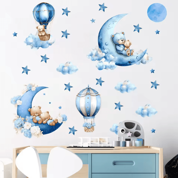 Watercolor Bear Hot Air Balloon Wall Stickers for Baby Nursery and Kids Room Decor