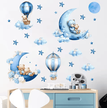 Watercolor Bear Hot Air Balloon Wall Stickers for Baby Nursery and Kids Room Decor