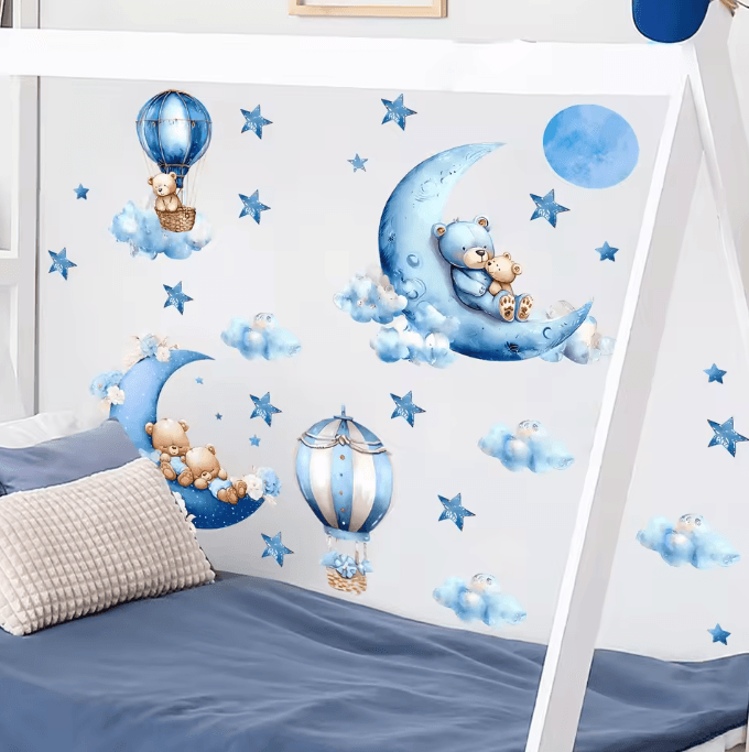 Watercolor Bear Hot Air Balloon Wall Stickers for Baby Nursery and Kids Room Decor