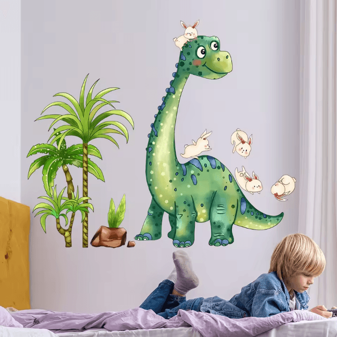 Green Dinosaur and Rabbit Wall Stickers for Kids Bedroom and Living Room Decor
