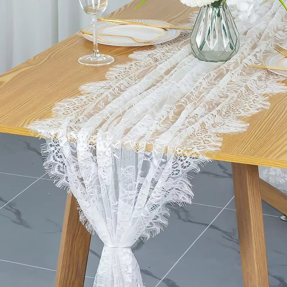 Rustic Lace Table Runner with Rose Embroidery for Wedding & Party Decor