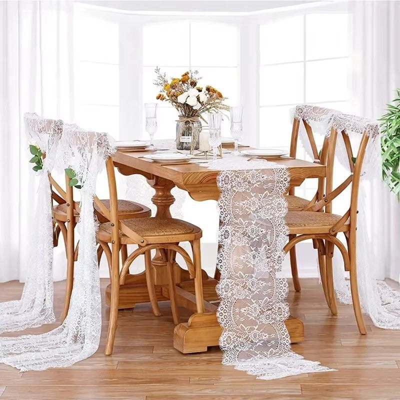 Rustic Lace Table Runner with Rose Embroidery for Wedding & Party Decor