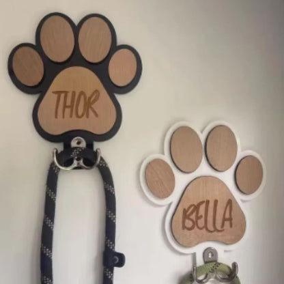 Personalized Dog Leash Holder Wooden Paw Print Wall Hook
