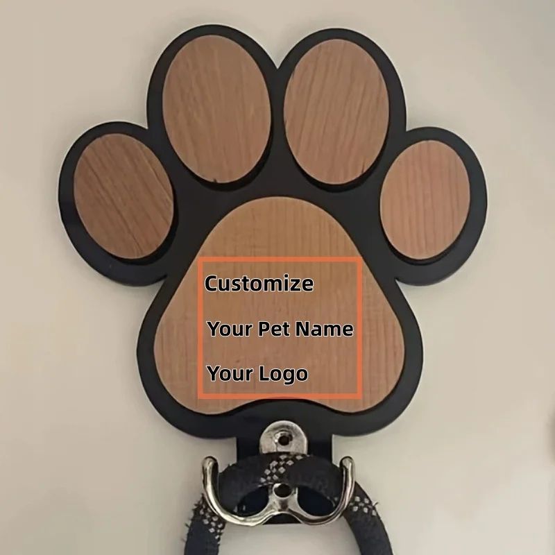Personalized Dog Leash Holder Wooden Paw Print Wall Hook