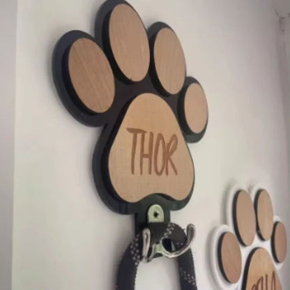 Personalized Dog Leash Holder Wooden Paw Print Wall Hook