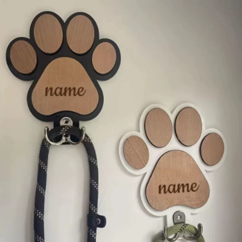 Personalized Dog Leash Holder Wooden Paw Print Wall Hook