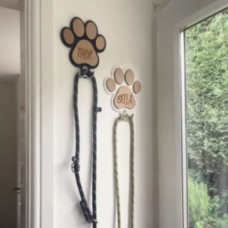 Personalized Dog Leash Holder Wooden Paw Print Wall Hook