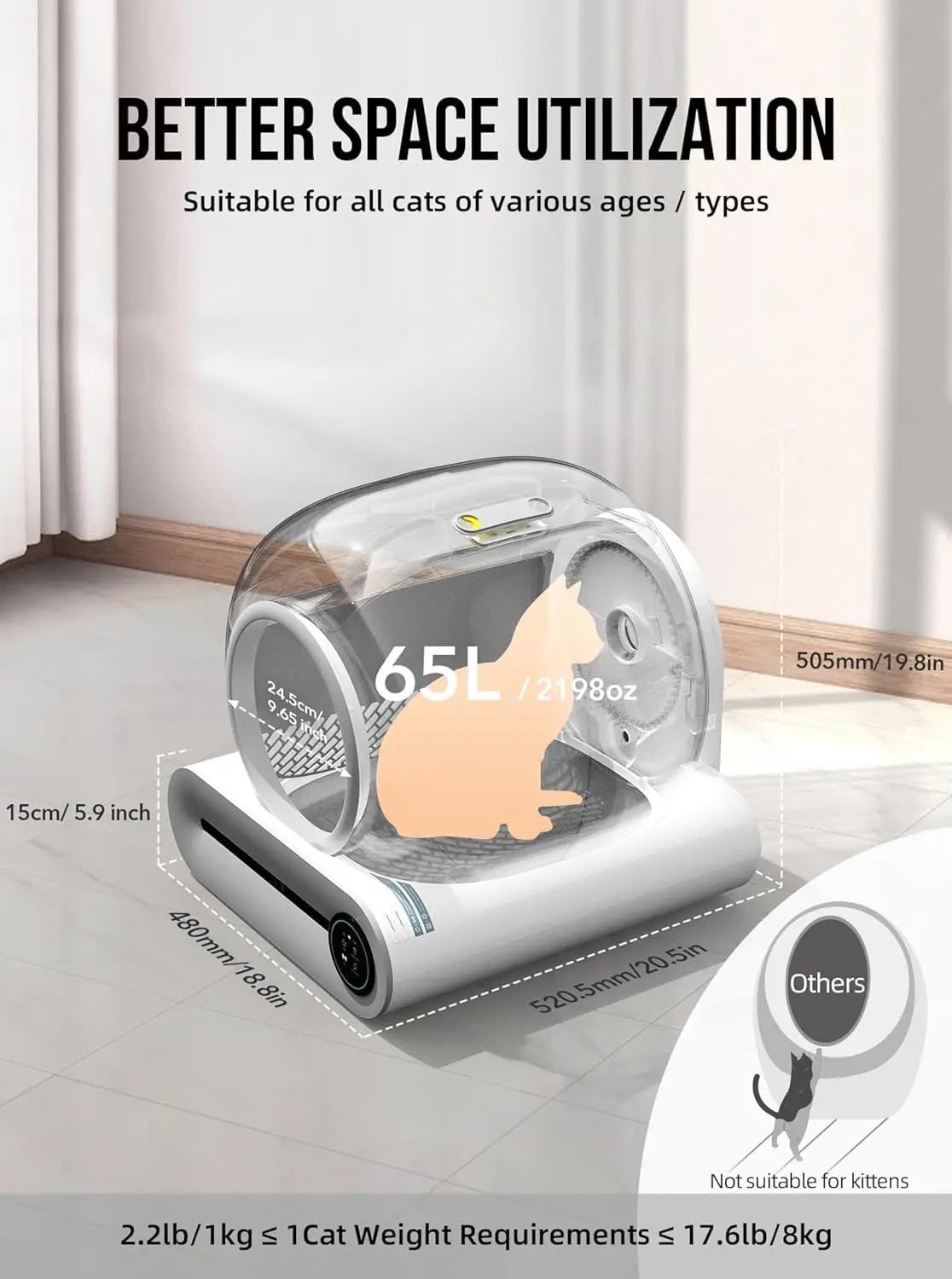Tonepie 65L Automatic Smart Cat Litter Box Self Cleaning Fully Enclosed Cat Toilet