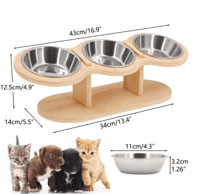 Elevated Wooden Cat Bowls – Raised Feeder Stand with Stainless Steel Bowls for Cats & Puppies