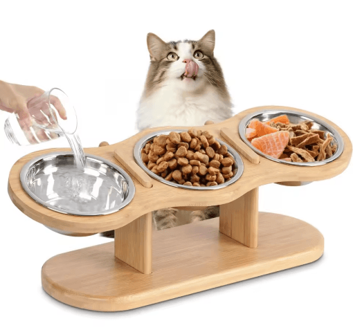 Elevated Wooden Cat Bowls – Raised Feeder Stand with Stainless Steel Bowls for Cats & Puppies