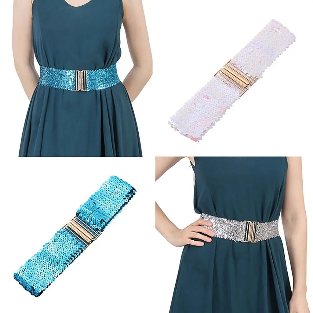 Gold Buckle Stretch Sequin Waist Belt for Women – Wide Elastic Sparkly Corset Waistband