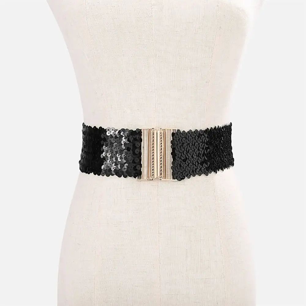 Gold Buckle Stretch Sequin Waist Belt for Women – Wide Elastic Sparkly Corset Waistband