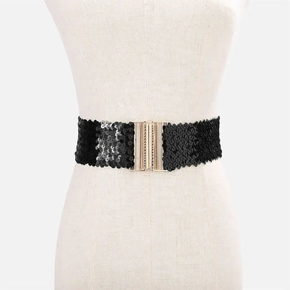Gold Buckle Stretch Sequin Waist Belt for Women – Wide Elastic Sparkly Corset Waistband