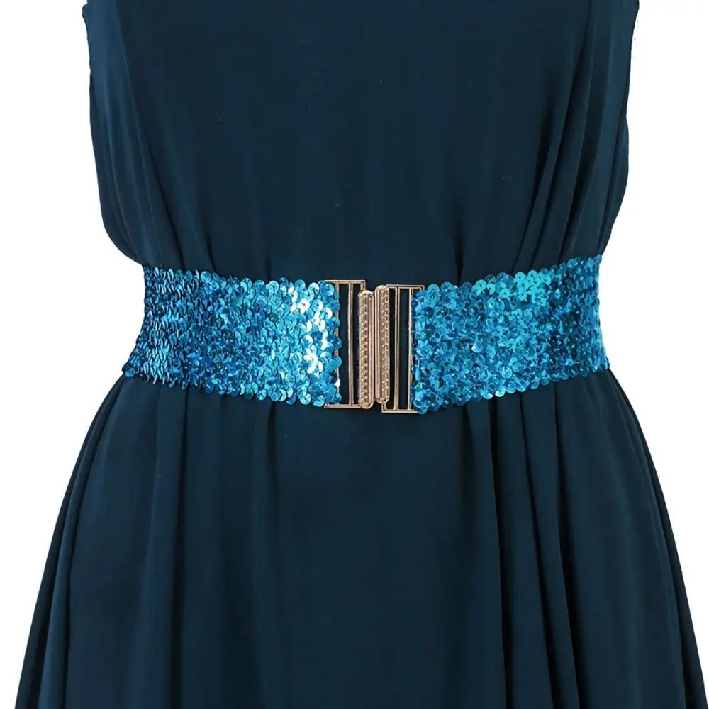 Gold Buckle Stretch Sequin Waist Belt for Women – Wide Elastic Sparkly Corset Waistband
