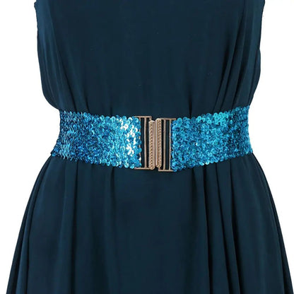 Gold Buckle Stretch Sequin Waist Belt for Women – Wide Elastic Sparkly Corset Waistband