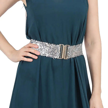 Gold Buckle Stretch Sequin Waist Belt for Women – Wide Elastic Sparkly Corset Waistband