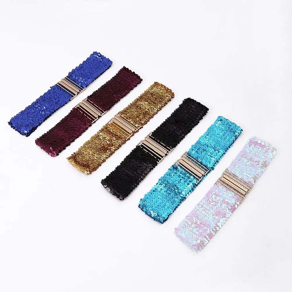 Gold Buckle Stretch Sequin Waist Belt for Women – Wide Elastic Sparkly Corset Waistband