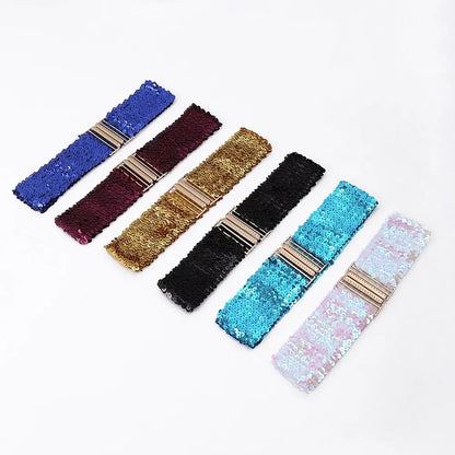 Gold Buckle Stretch Sequin Waist Belt for Women – Wide Elastic Sparkly Corset Waistband