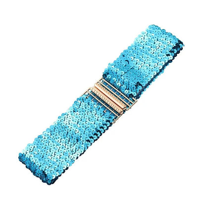 Gold Buckle Stretch Sequin Waist Belt for Women – Wide Elastic Sparkly Corset Waistband