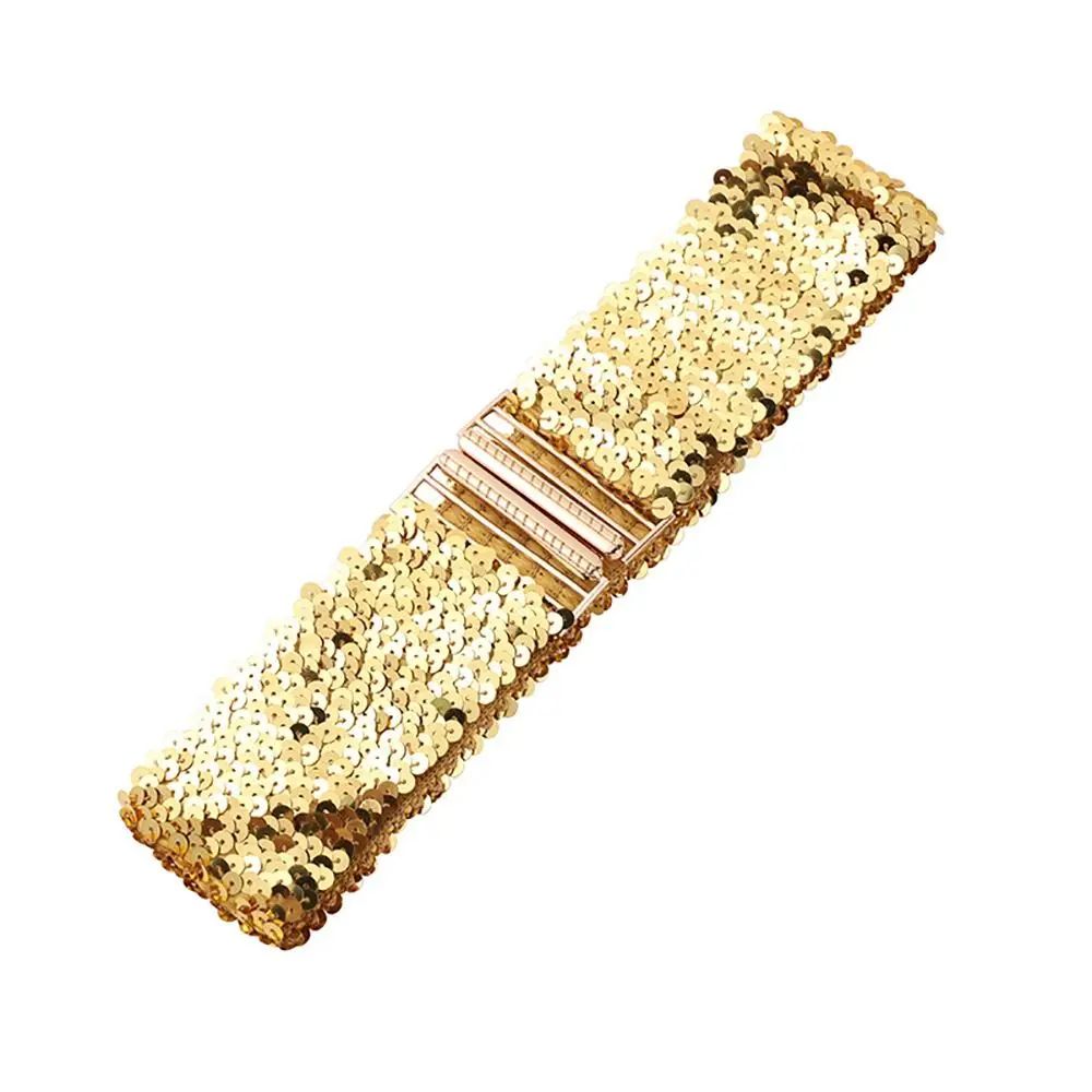 Gold Buckle Stretch Sequin Waist Belt for Women – Wide Elastic Sparkly Corset Waistband