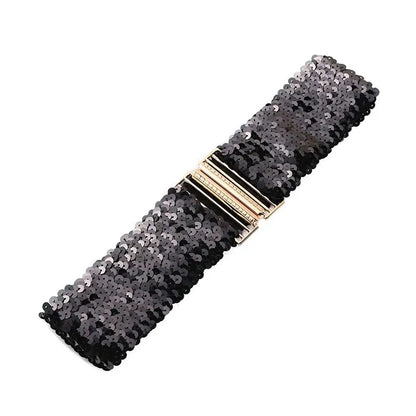 Gold Buckle Stretch Sequin Waist Belt for Women – Wide Elastic Sparkly Corset Waistband