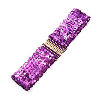 Gold Buckle Stretch Sequin Waist Belt for Women – Wide Elastic Sparkly Corset Waistband