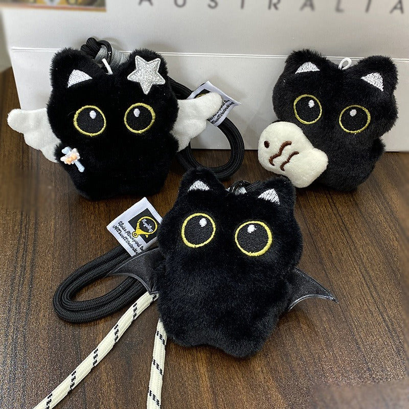 Big Eyed Plush Cat Keychain Cute Black Kitten Bag Charm for Backpacks & Keys
