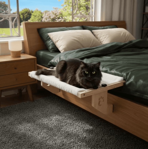 Wooden Frame Cat Window Hammock – Detachable Paw Print Hanging Cat Bed