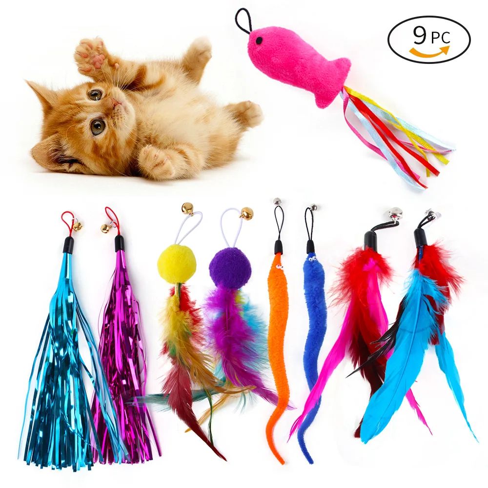 9-Pack Feather Cat Wand Refills for Interactive Indoor Play