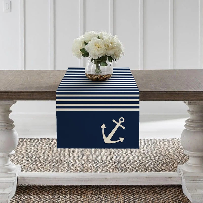 Nautical Table Runner with Anchor Compass Design for Coastal Dining Decor