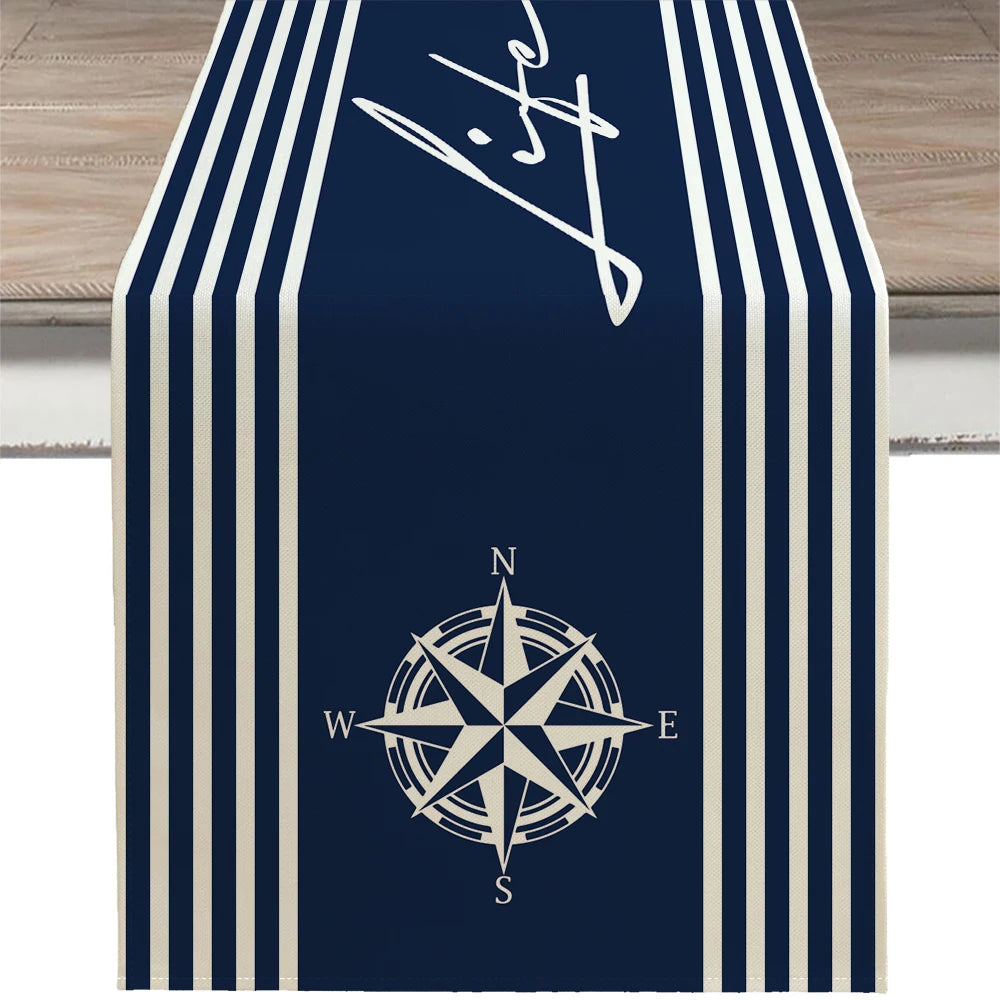 Nautical Table Runner with Anchor Compass Design for Coastal Dining Decor